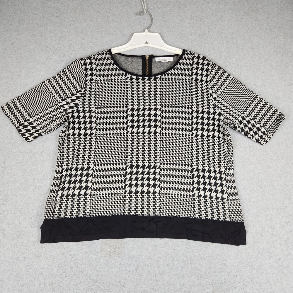 Liz Claiborne Top Women XL Black White Houndstooth Stretch Short Sleeve Back Zip